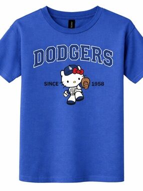 Hello Kitty Dodgers Youth Shirt Blue Baseball Cute Kids Graphic Tee